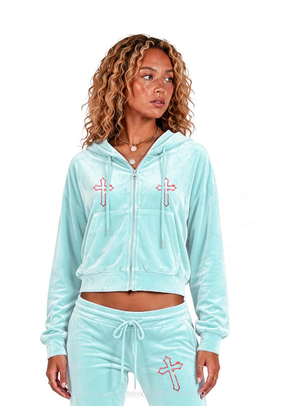Rhinestone Red Cross Y2K Velvet Tracksuit Set Cherrykitten