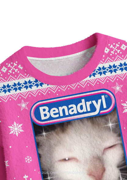 Sleepy Cat Y2K Crop Knit Sweatshirt Cherrykitten