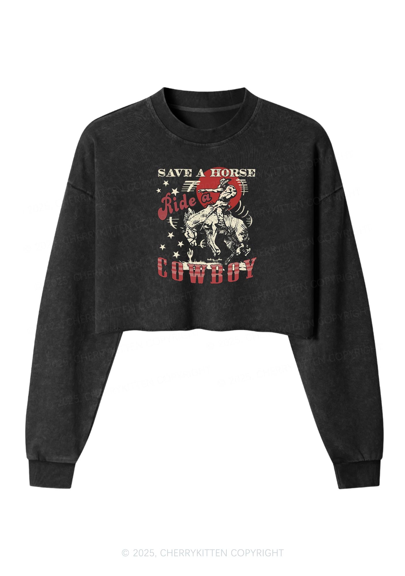 Ride A Cowboy Y2K Crop Washed Sweatshirts Cherrykitten