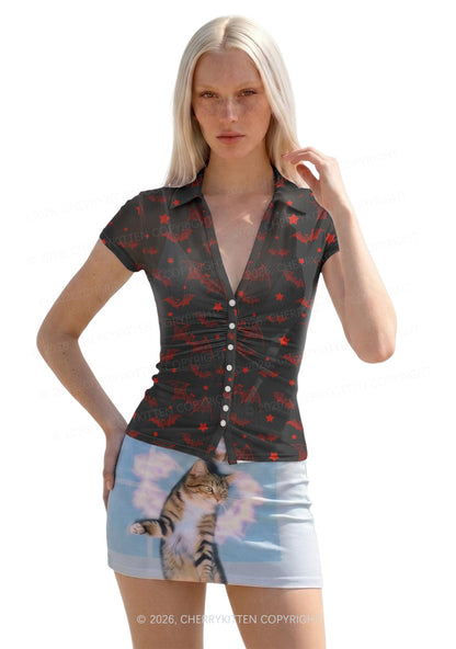 Bat And Star Y2K Mesh Ruched Waist V Neck Top Cherrykitten