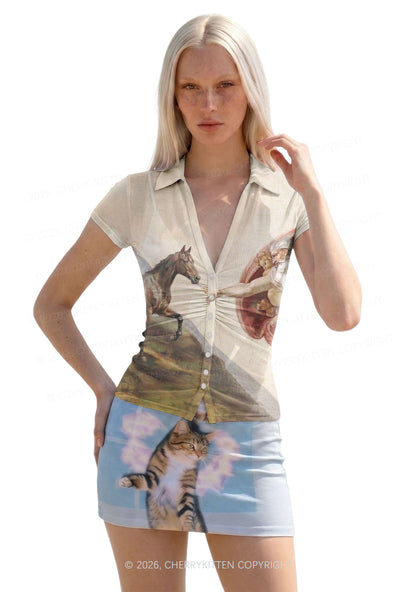 God Smoking Horse Y2K Mesh Ruched Waist V Neck Top Cherrykitten