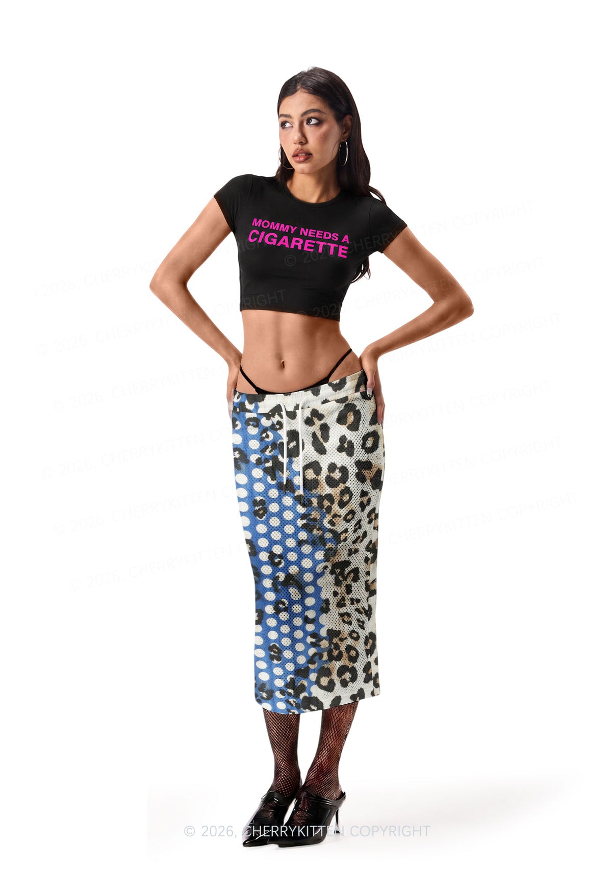 Leopard And Blue Dots Y2K Sport Jersey Drawstring Midi Skirt Cherrykitten