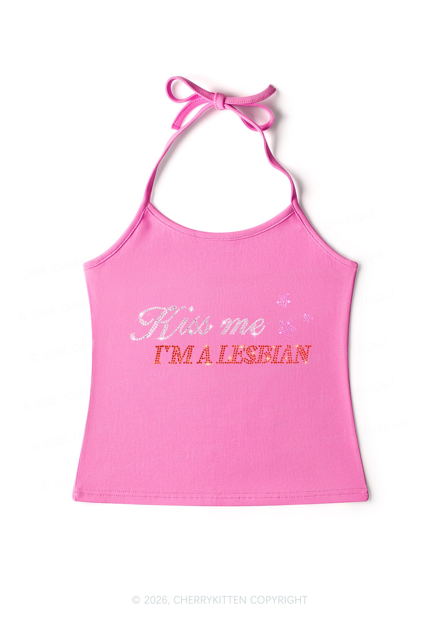 Rhinestone Kiss Me Im A Lesbian Pride Y2K Halter Neck Cami Cherrykitten