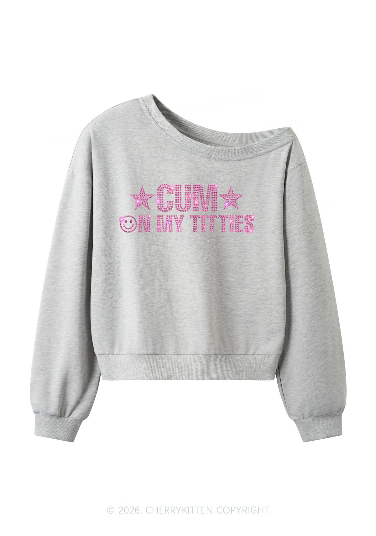 Rhinestone Cxm On My Txtties Y2K Off Shoulder Sweatshirts Cherrykitten