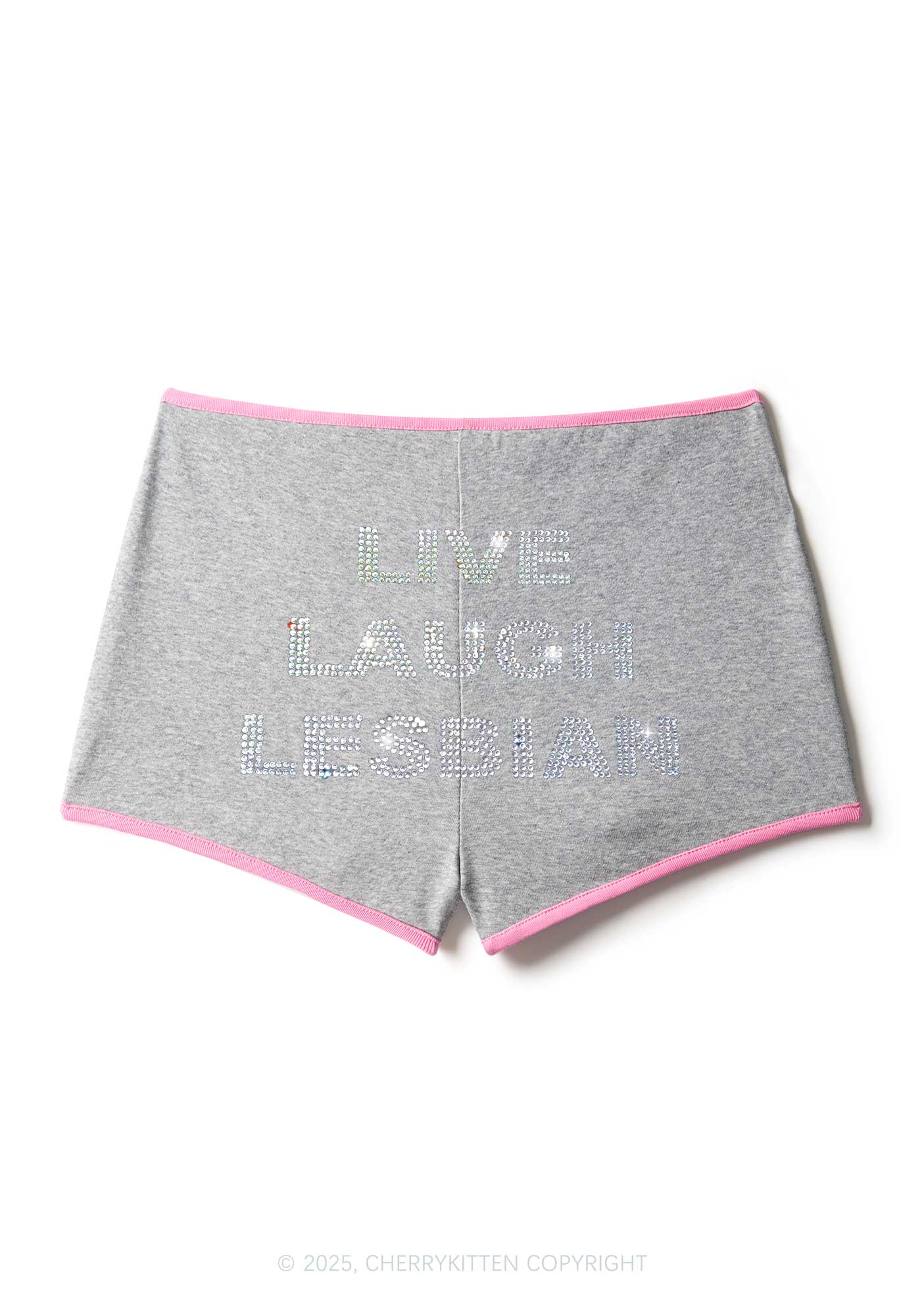 Rhinestone Live Laugh Lesbian Pride Y2K Booty Shorts Cherrykitten