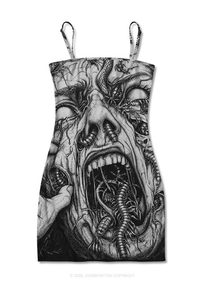 Halloween Insect On Face Y2K Print Slip Dress Cherrykitten