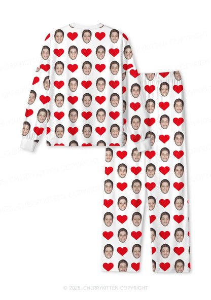 Custom White Hearts Photo Y2K Valentine's Day Y2K Print Long Sleeve Pajama Set Cherrykitten