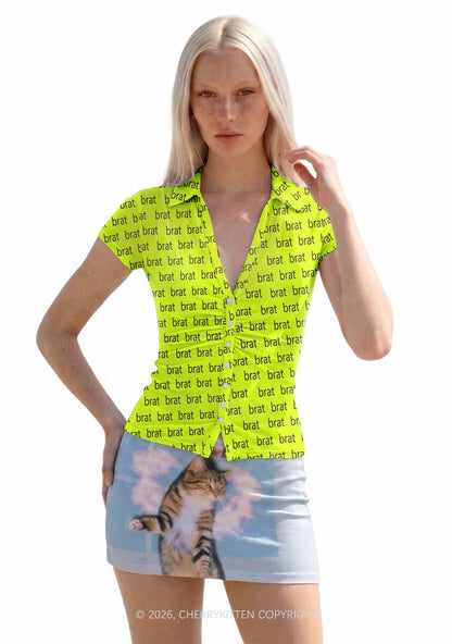 Brat Summer Y2K Mesh Ruched  Waist  V Neck Top Cherrykitten