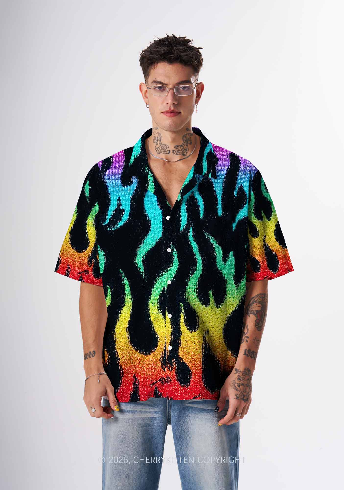 Rainbow Flame Pride Y2K Print Hawaiian Shirt Cherrykitten