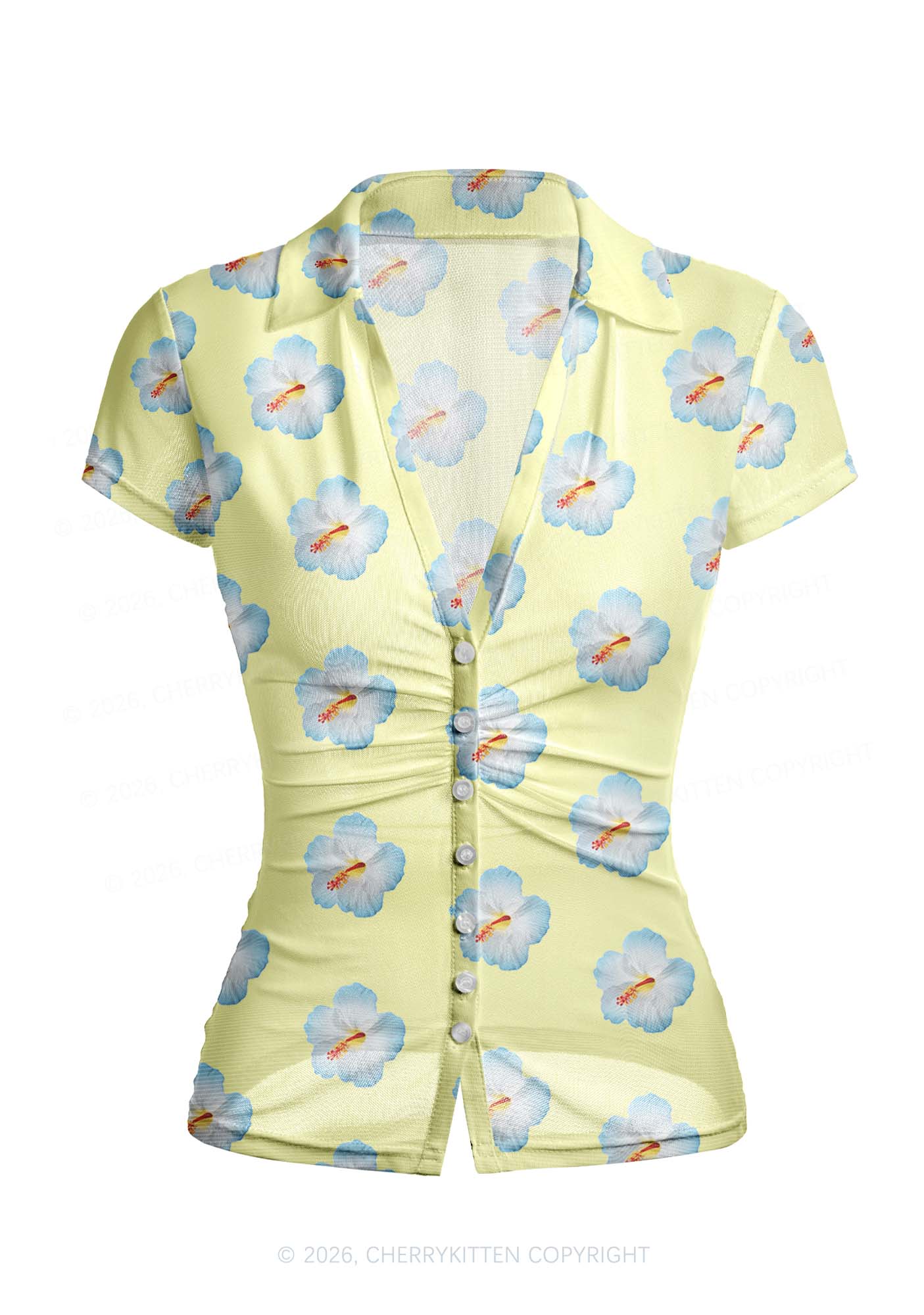 Pale Yellow Hibiscus Y2K Mesh Ruched  Waist  V Neck Top Cherrykitten