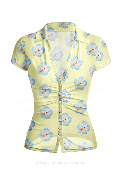 Pale Yellow Hibiscus Y2K Mesh Ruched  Waist  V Neck Top Cherrykitten