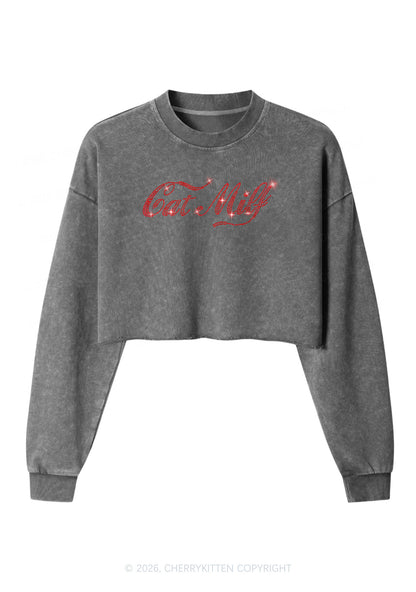 Rhinestone Cat Mxxf Y2K Crop Washed Sweatshirts Cherrykitten