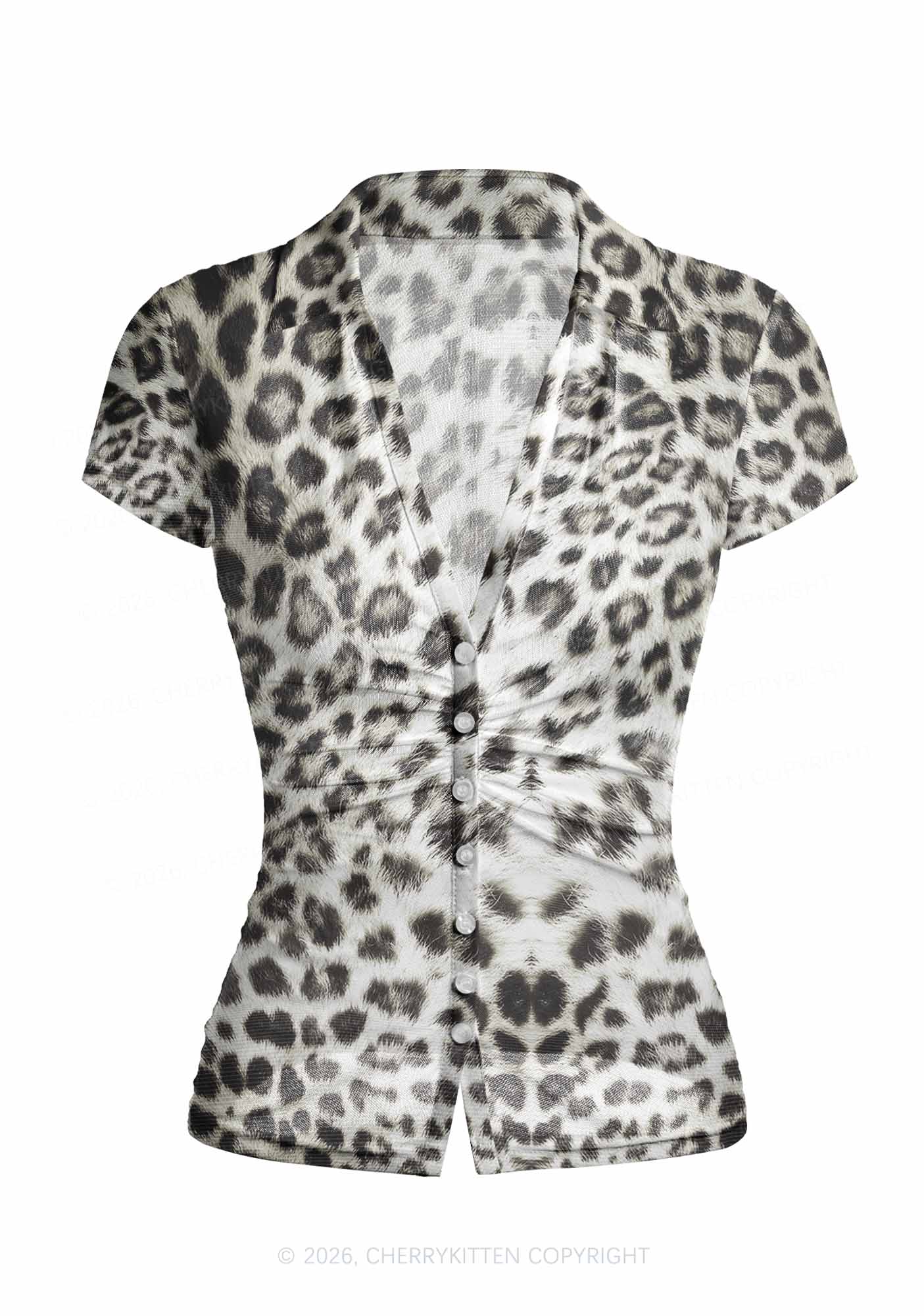 Snow Leopard Y2K Mesh Ruched  Waist  V Neck Top Cherrykitten