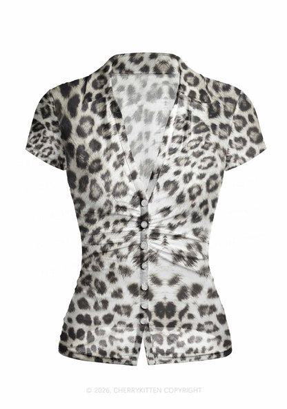 Snow Leopard Y2K Mesh Ruched  Waist  V Neck Top Cherrykitten