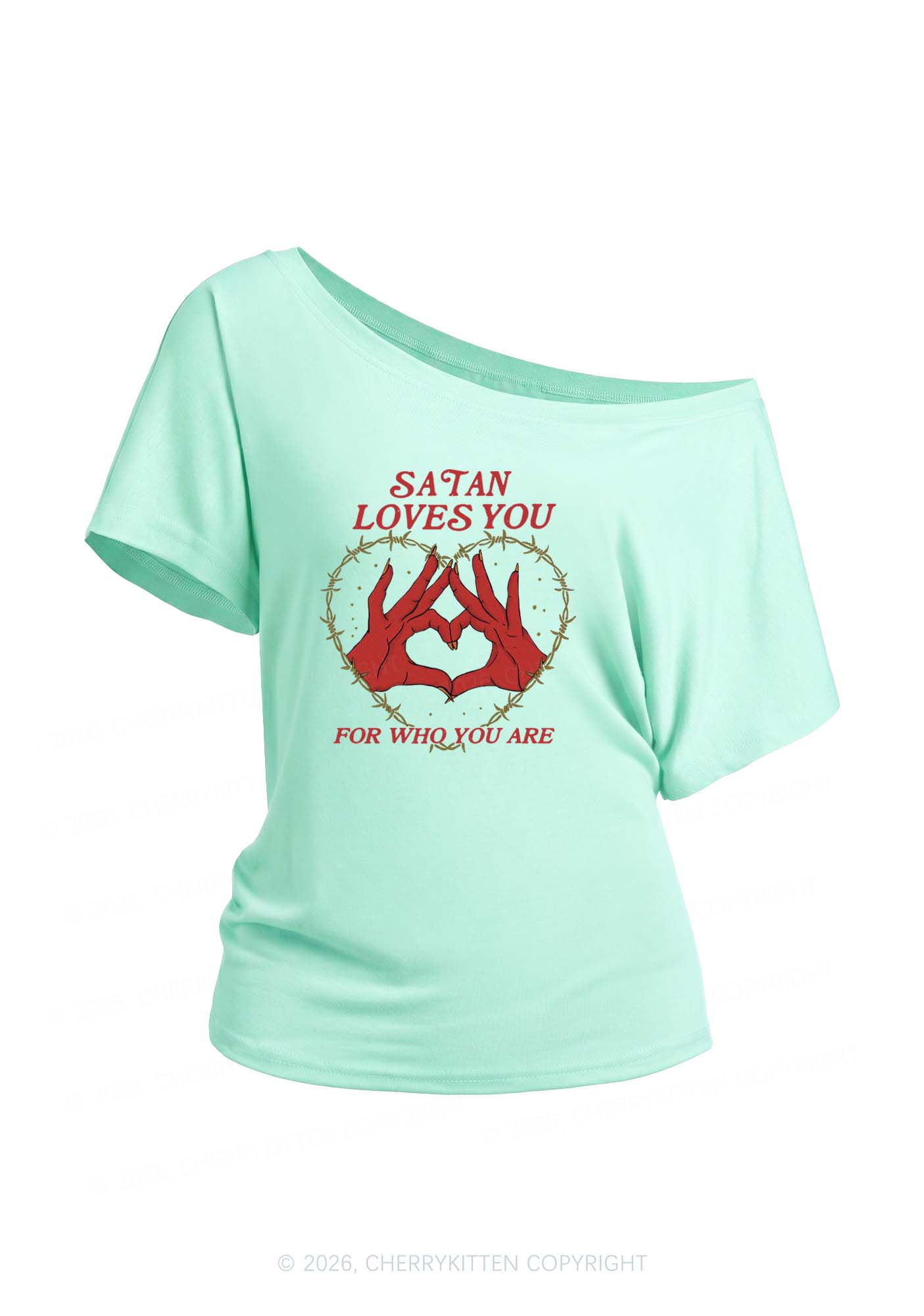 Satan Loves You Heart Halloween Y2K Off Shoulder Tee Cherrykitten