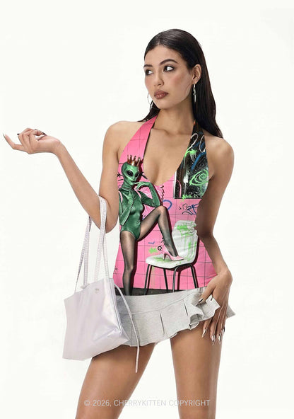 Alien Angel Graffiti Wall Y2K Print Halter Deep V Neck Cami Cherrykitten