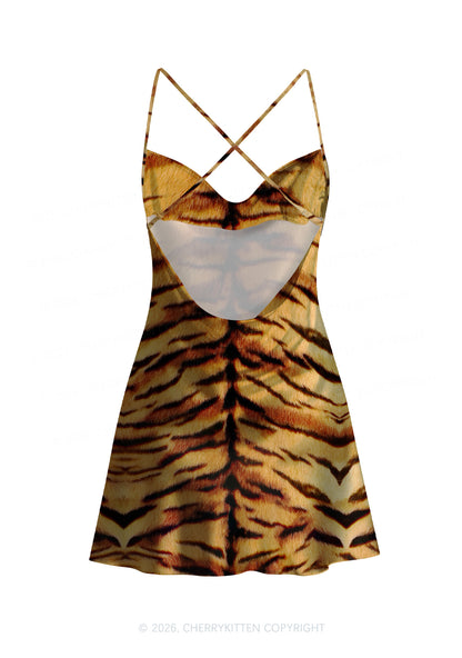 Wild Tiger Texture Y2K Print Satin Cowl Neck Slip Dress Cherrykitten