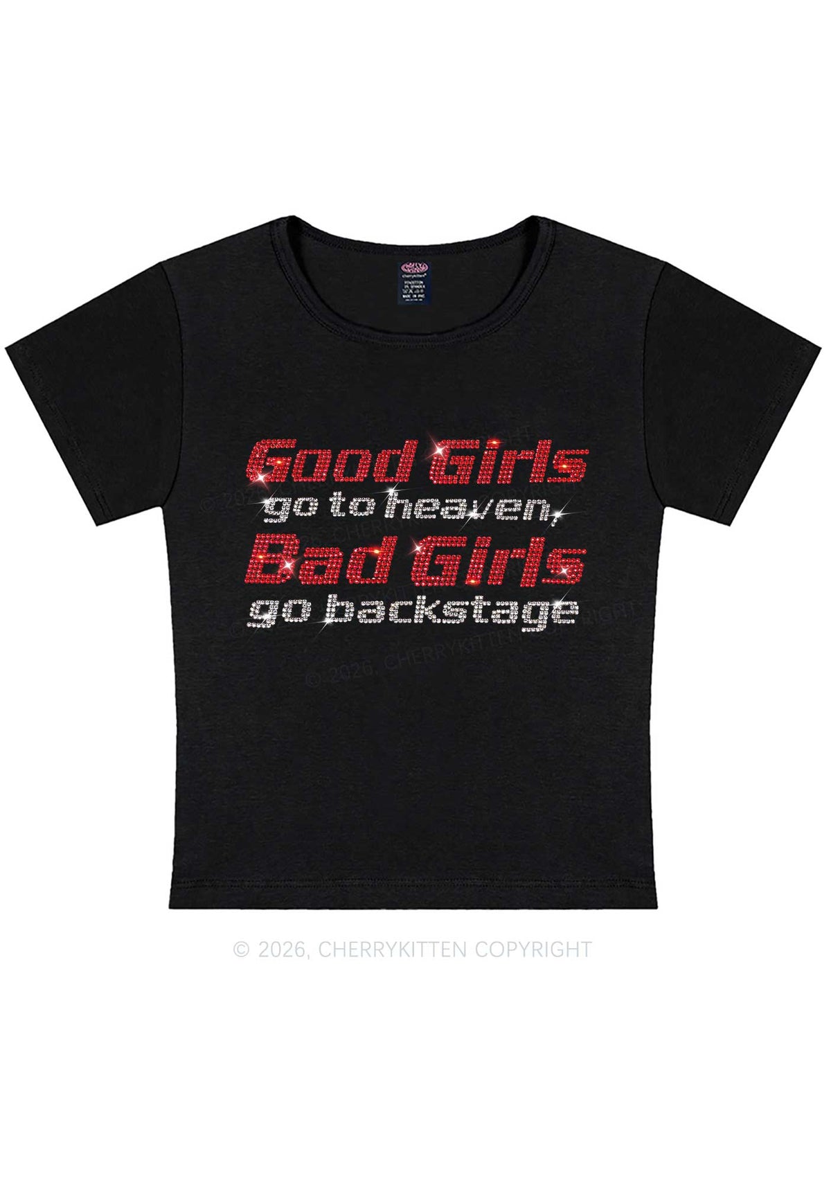Rhinestone Bad Girls Go Backstage Y2K Baby Tee Cherrykitten