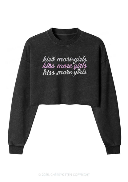 Rhinestone Kiss More Girls Pride Y2K Crop Washed Sweatshirts Cherrykitten