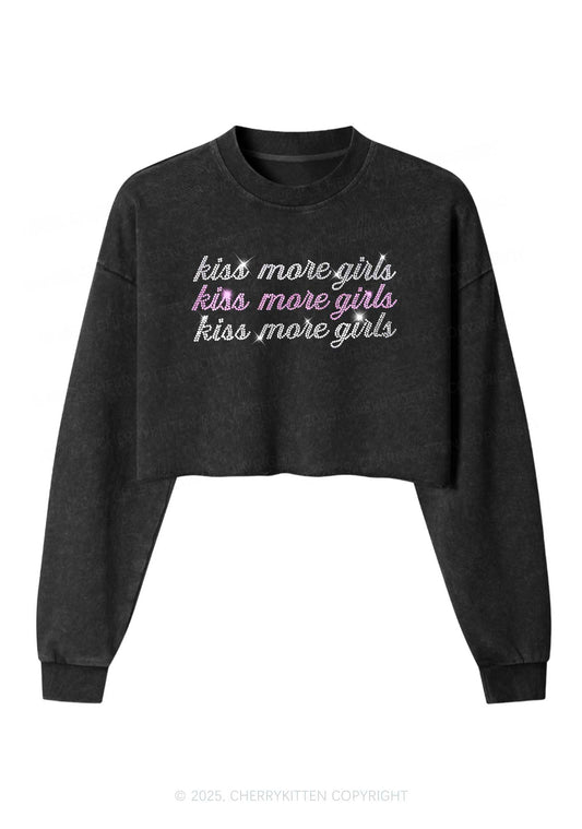Rhinestone Kiss More Girls Pride Y2K Crop Washed Sweatshirts Cherrykitten