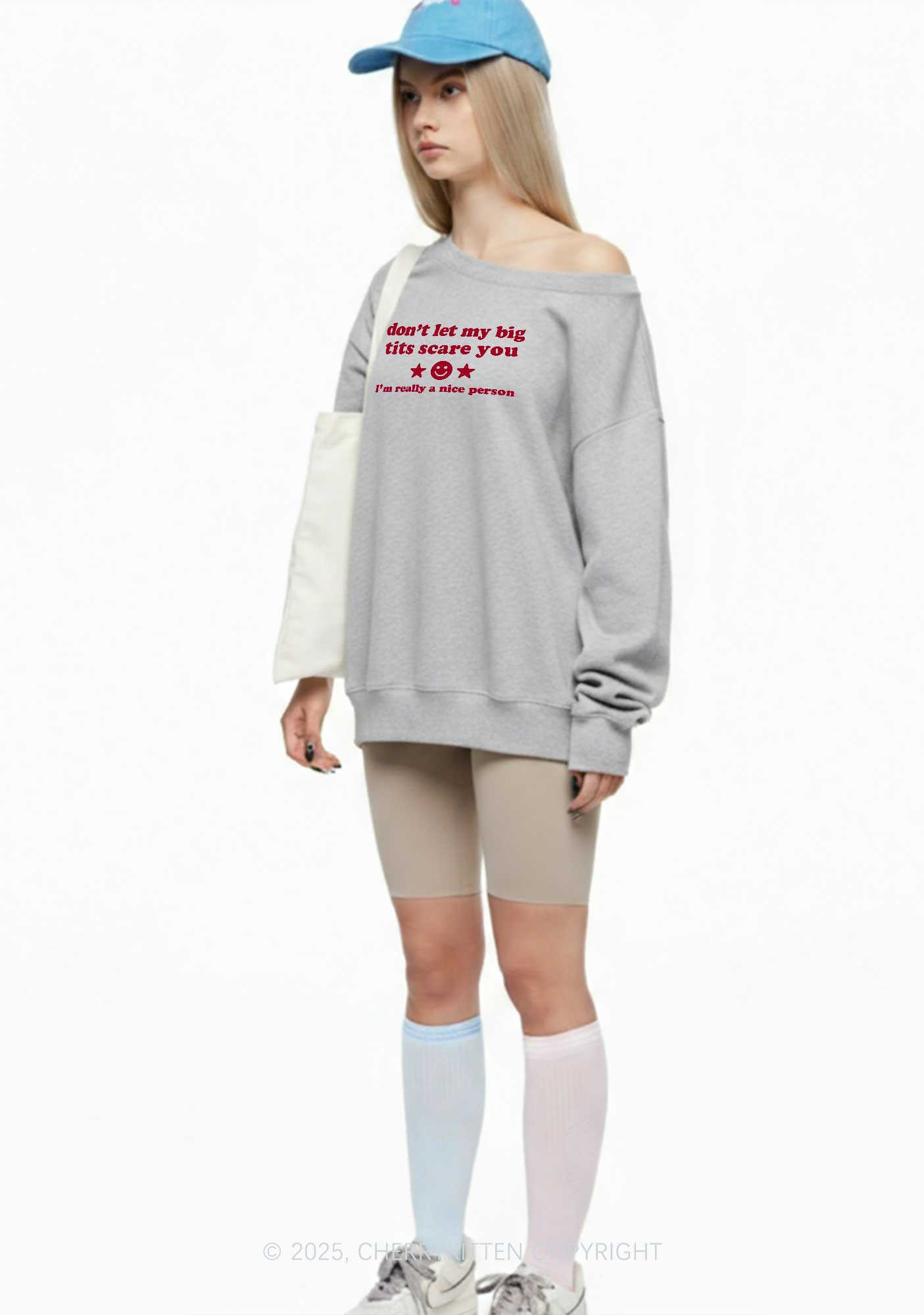 Dont Let My Big Txts Scare You Y2K Off Shoulder Sweatshirts Cherrykitten
