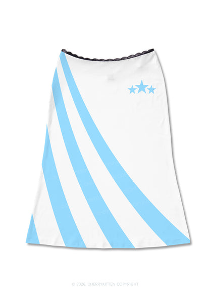 Three Stars Blue Stripes Y2K Print Midi Skirt Cherrykitten
