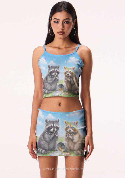 Two Punk Raccoons Smoking Y2K Print Mini Skirt Cherrykitten