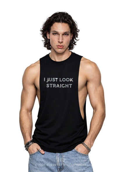 Rhinestone I Just Look Straight Pride Y2K Men Muscle Side Cutoff Tank Top Cherrykitten