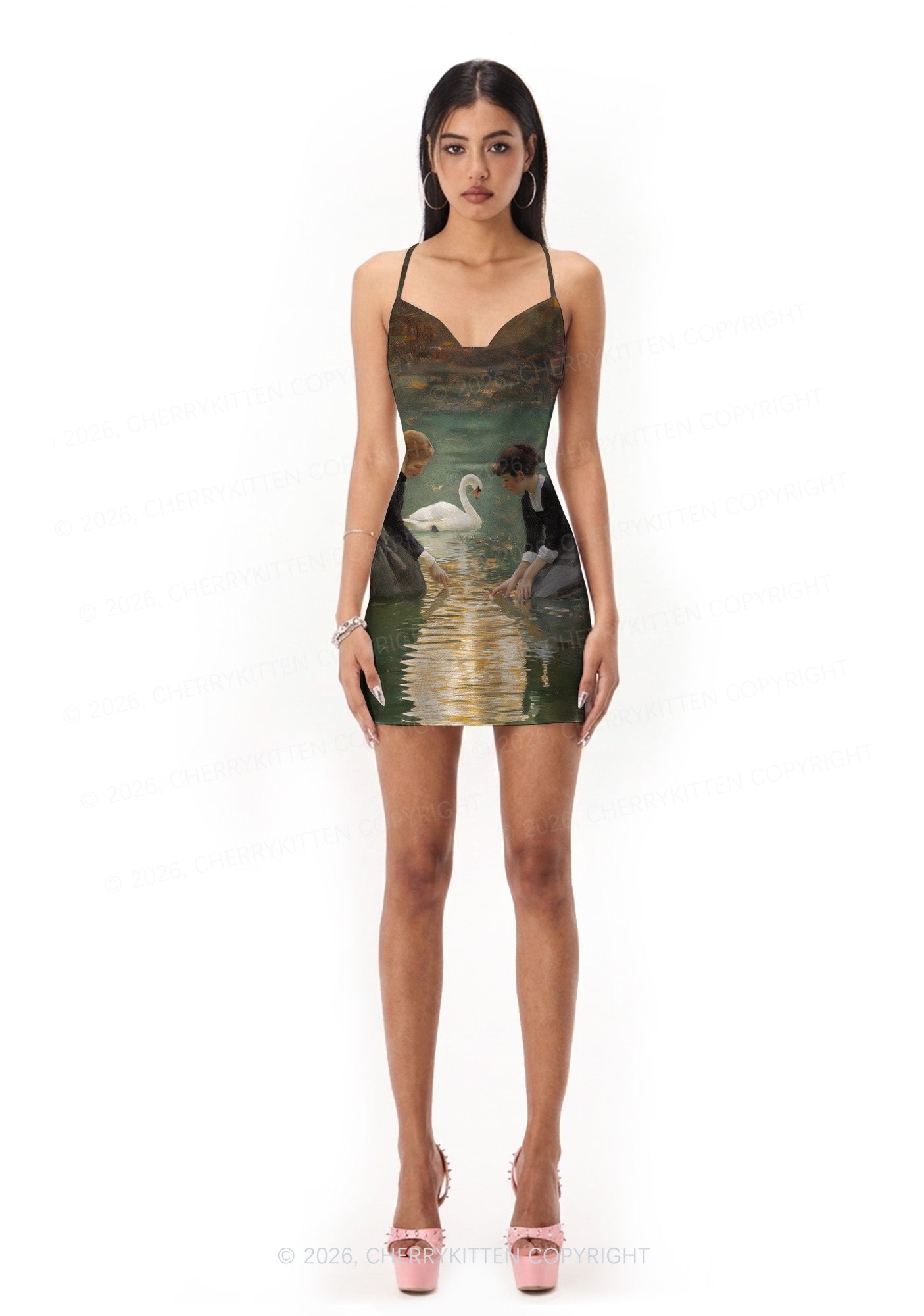 Swan Lake Girls Pride Y2K Print Satin Cowl Neck Slip Dress Cherrykitten