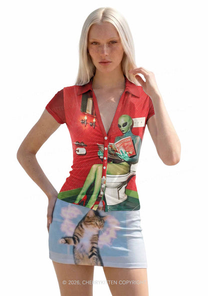 Halloween Alien On Toilet Y2K Mesh Ruched Waist V Neck Top Cherrykitten