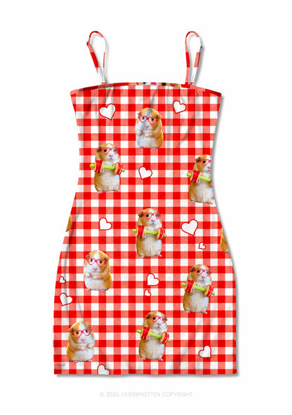 Gym Guinea Pig Red Plaid Y2K Print Slip Dress Cherrykitten