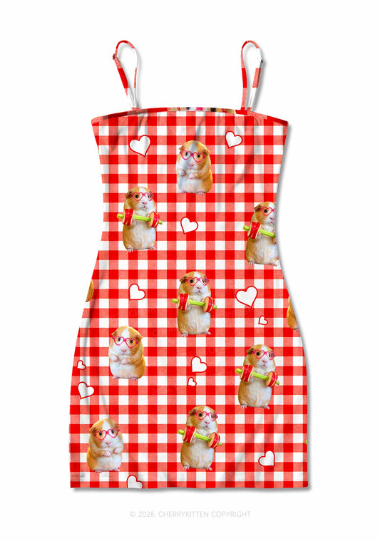 Gym Guinea Pig Red Plaid Y2K Print Slip Dress Cherrykitten