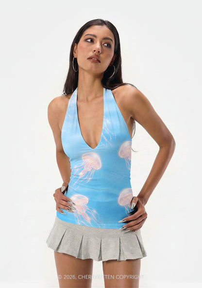Pink Jellyfish Underwater Y2K Print Halter Deep V Neck Cami Cherrykitten