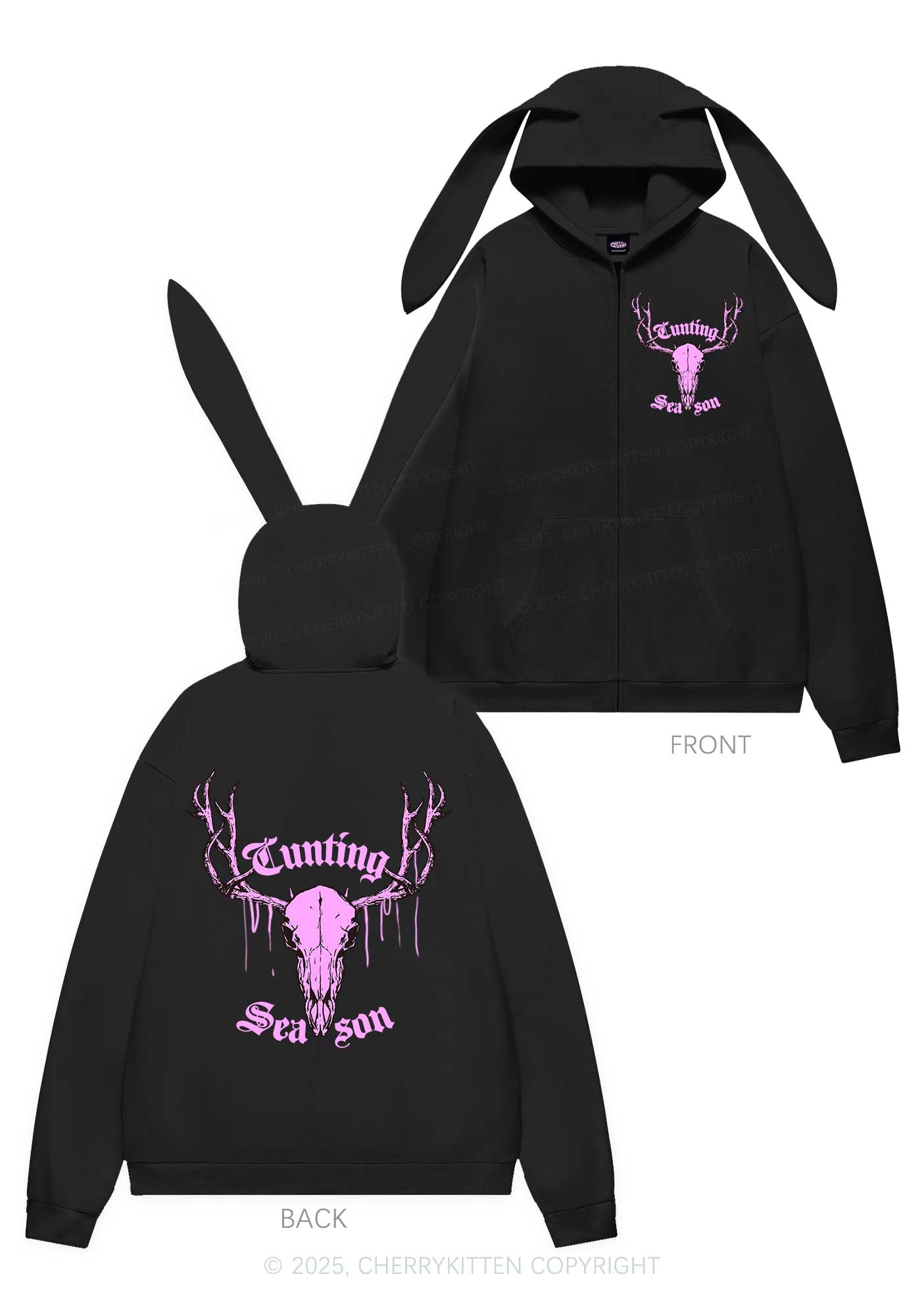 Cunting Season Skull Y2K Bunny Ear Zip Hoodie Cherrykitten