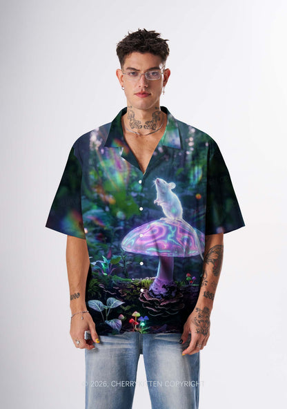 Glowing Rat On Mushroom Y2K Print Hawaiian Shirt Cherrykitten