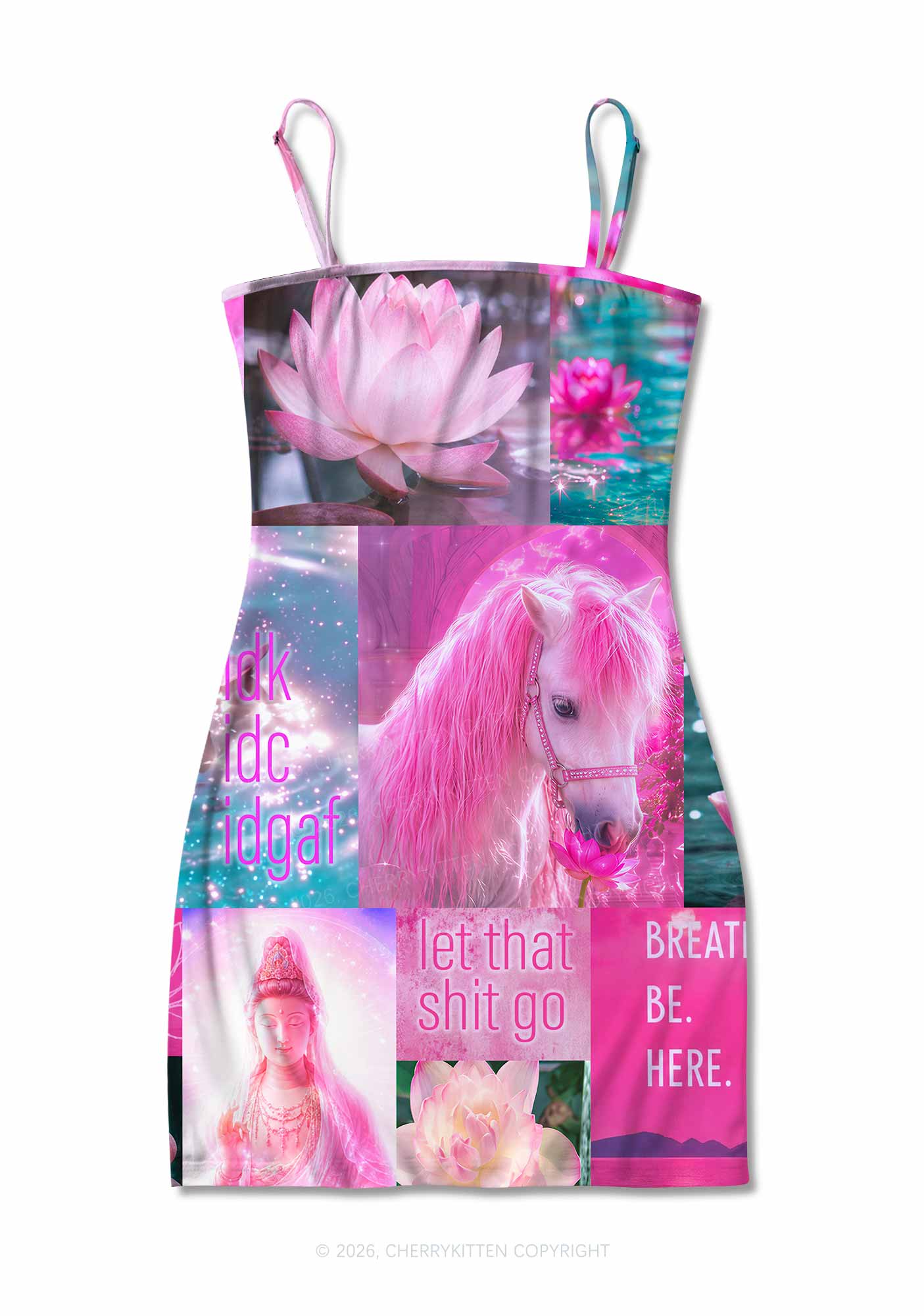 Pink Unicorn Collage Art Y2K Print Slip Dress Cherrykitten