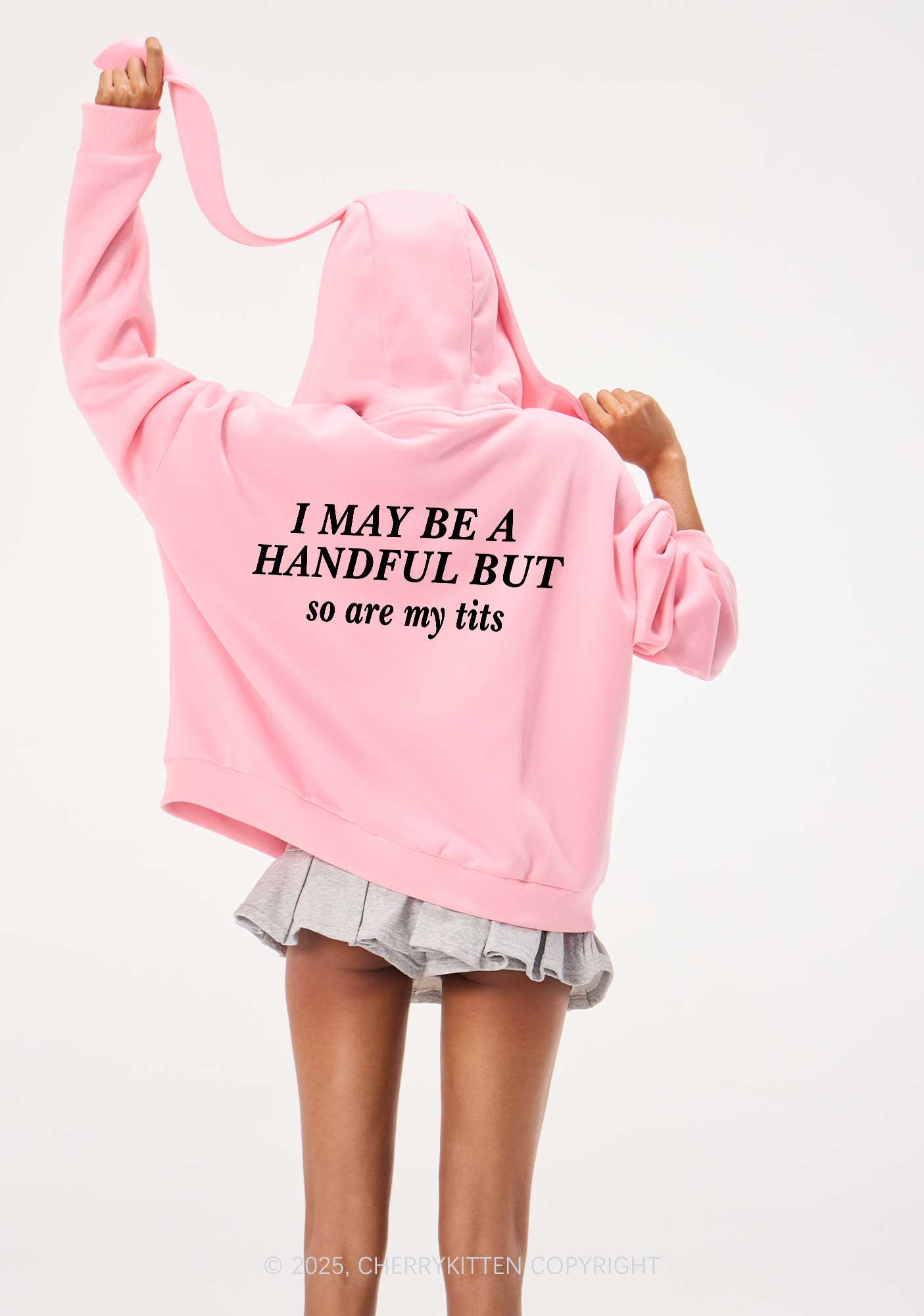 I May Be A Handful Y2K Bunny Ear Zip Hoodie Cherrykitten