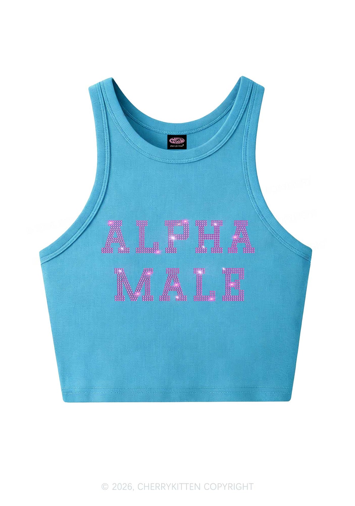 Rhinestone Pink Alpha Male Y2K Crop Tank Top Cherrykitten