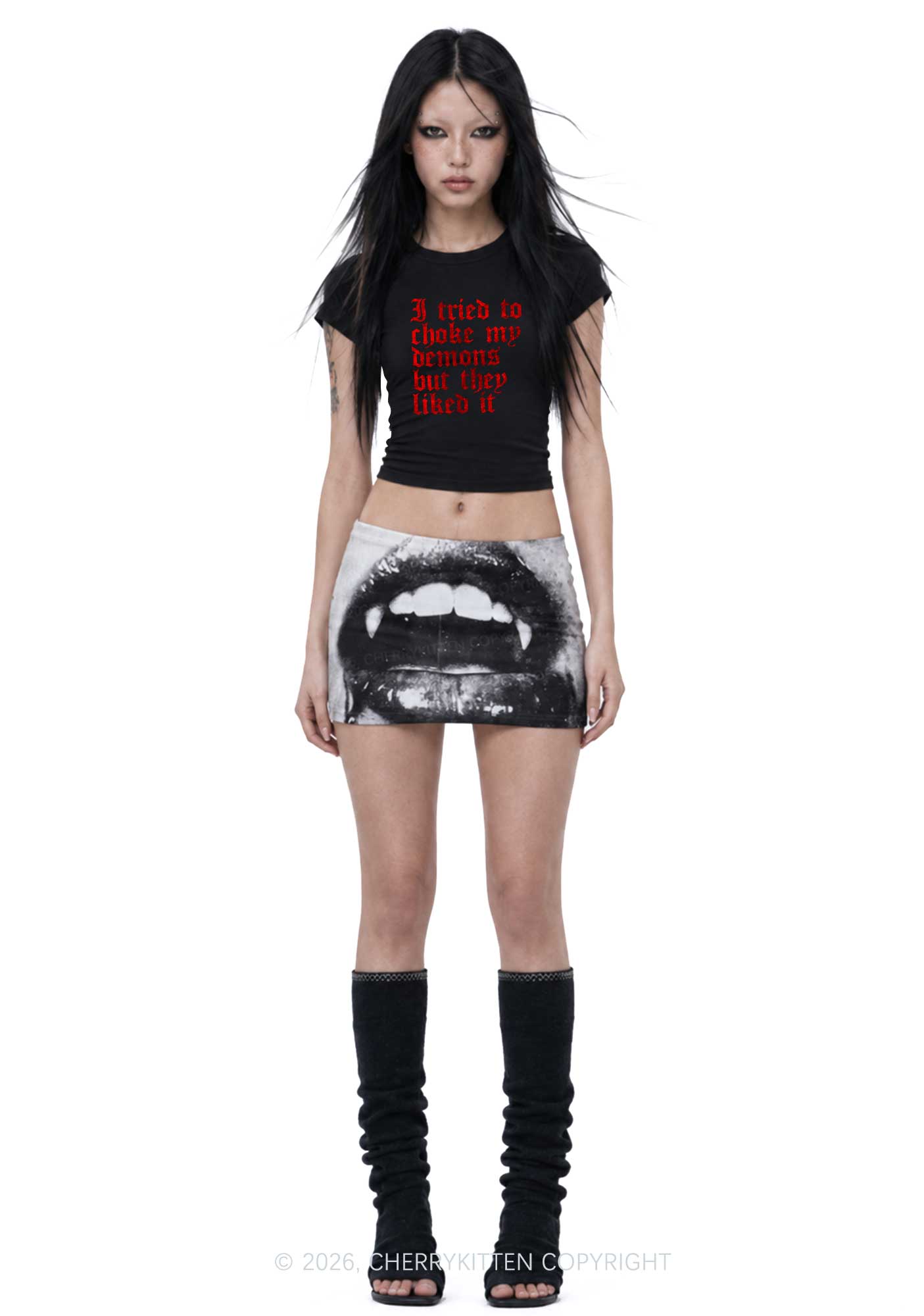 Halloween Choke Demons They Liked Y2K Goth Angel Wings Baby Tee Cherrykitten