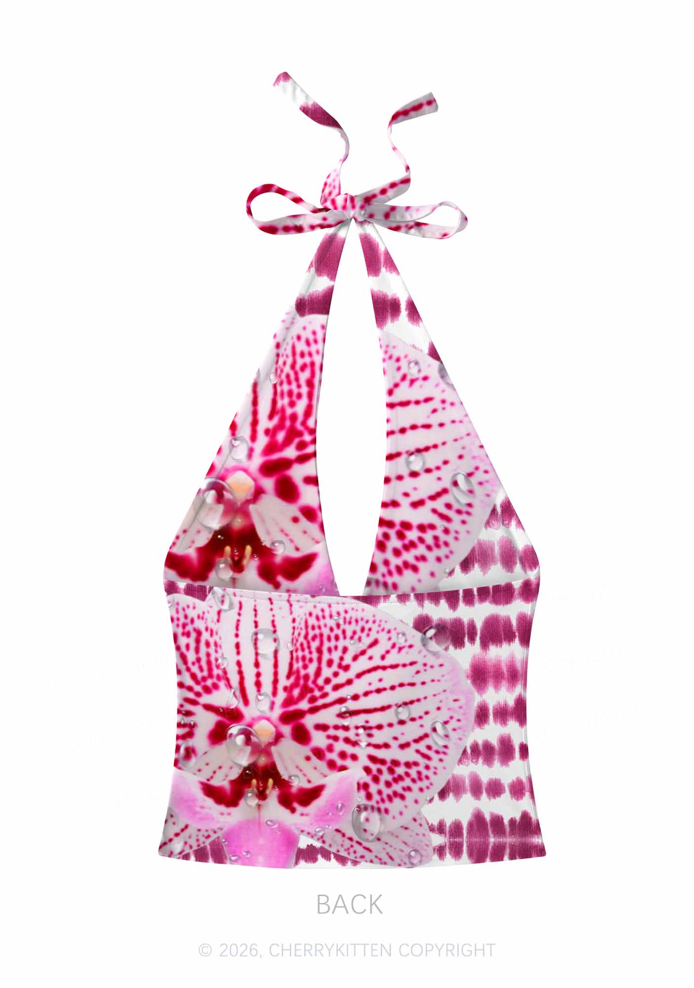 Pink Orchid Dewdrops Y2K Print Halter Deep V Neck Cami Cherrykitten