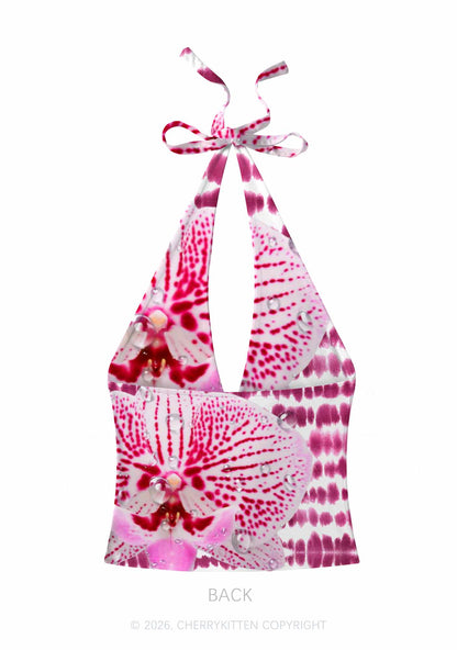 Pink Orchid Dewdrops Y2K Print Halter Deep V Neck Cami Cherrykitten