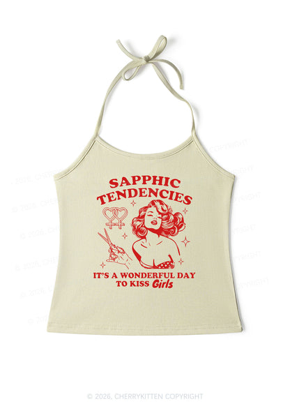 Sapphic Tendencies Kiss Girls Pride Y2K Halter Neck Cami Cherrykitten