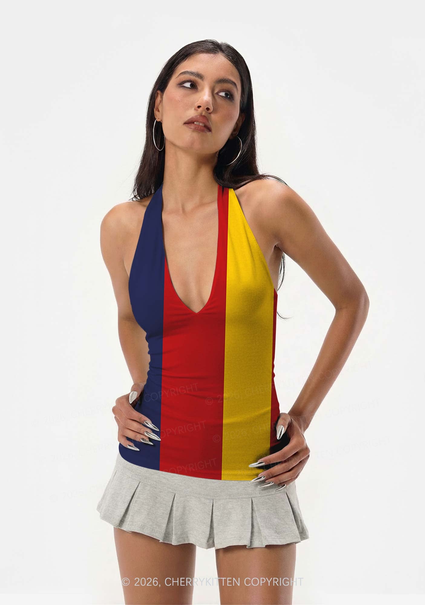 Red Navy Yellow Vertical Stripe Y2K Print Halter Deep V Neck Cami Cherrykitten