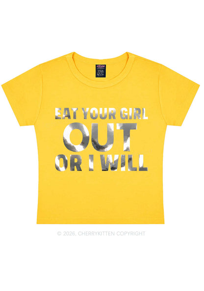 Eat Your Girl Out Silver Foil Printed Y2K Baby Tee Cherrykitten