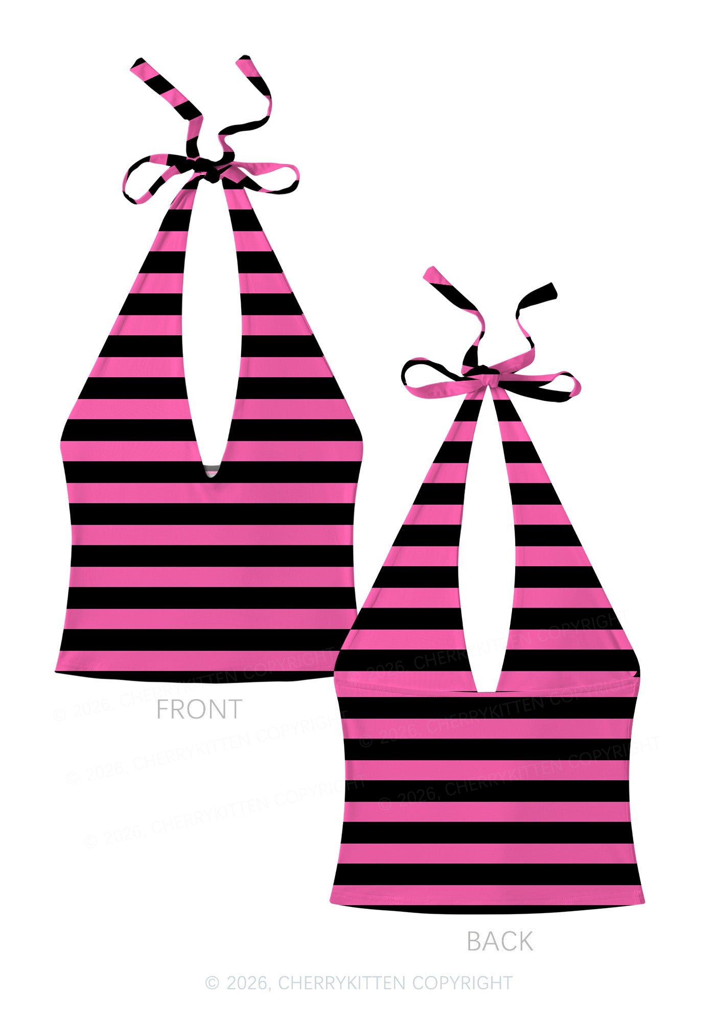 Pink And Black Stripes Y2K Print Halter Deep V Neck Cami Cherrykitten