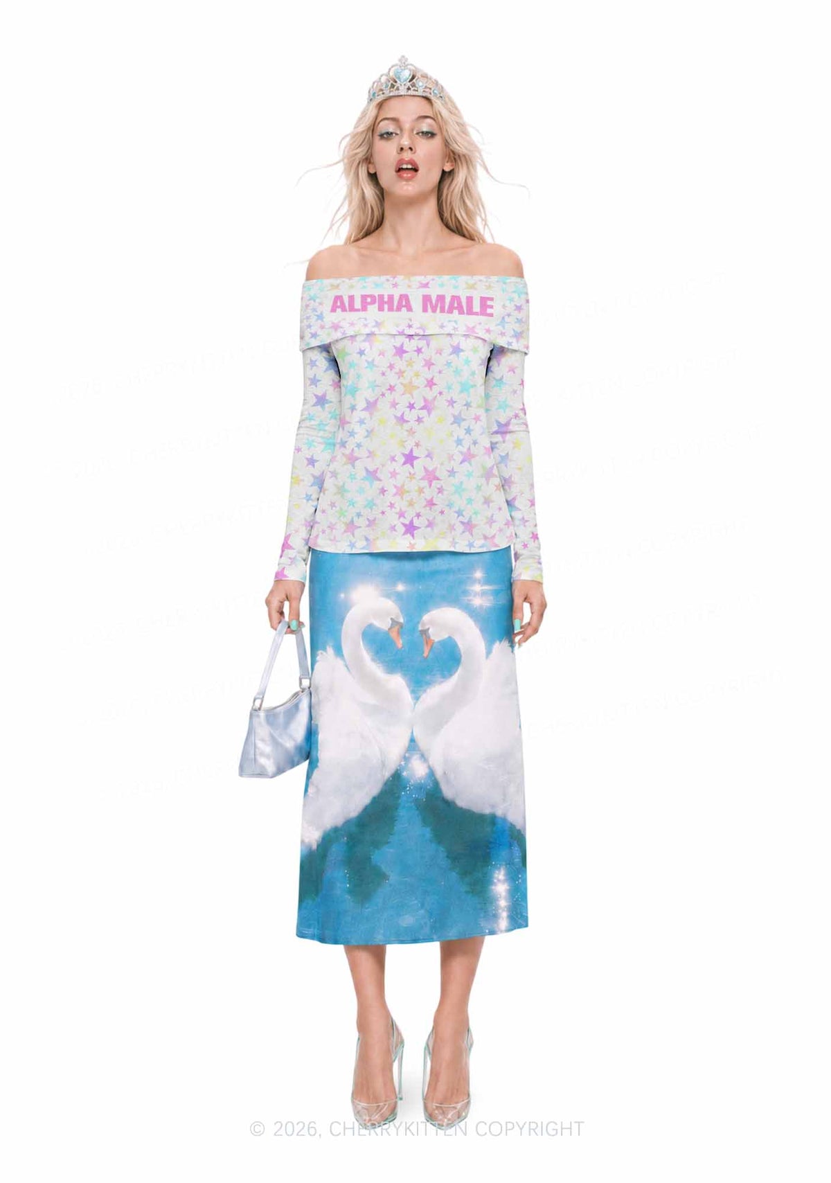 Pastel Star Alpha Male Y2K Off Shoulder Fold Over Knit Top Cherrykitten