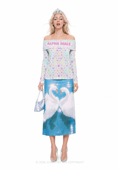 Pastel Star Alpha Male Y2K Off Shoulder Fold Over Knit Top Cherrykitten