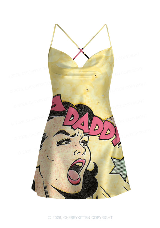 Call Daddy Y2K Print Satin Cowl Neck Slip Dress Cherrykitten