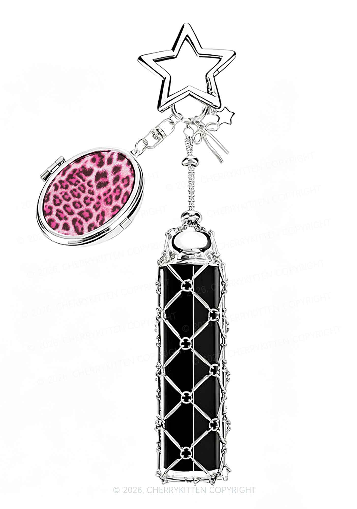 Pink Leopard 1pc Y2K Metal Mesh Lipstick Holder Keychain With Mirror Cherrykitten