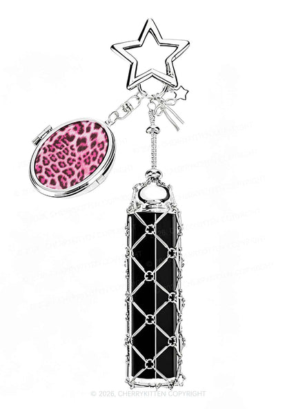 Pink Leopard 1pc Y2K Metal Mesh Lipstick Holder Keychain With Mirror Cherrykitten